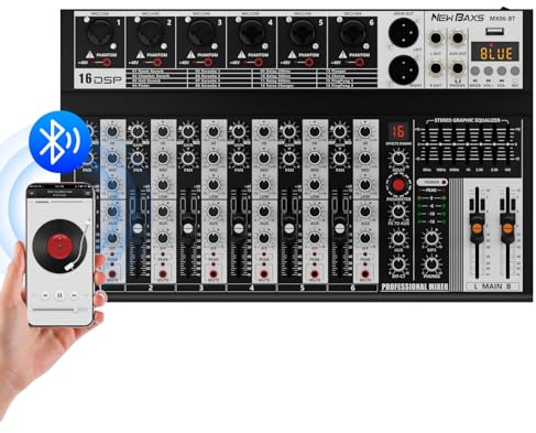 NEW BAXS Professional Audio Mixer,6 Channel Audio Interface Sound Board Mixing Console System with Monitor,16 DSP DJ Bluetooth Mixer Reverb Effect +48V Phantom For Karaoke Studio Streaming Recording