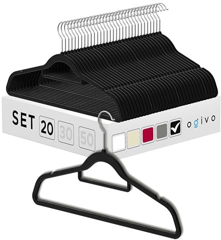 OGIVO Samt Kleiderbügel - 20er Set - rutschfest Bügel für Ihren Garderobe - kleine Stange für Krawatten - Haken um 360° drehbar - Einkerbungen im Schulterbereich - Hangers Clothes (Schwarz)