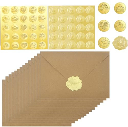 50x Briefumschläge Kraftpapier mit 50 Siegel Selbstklebend Briefumschlag Aufkleber,Briefkuvert Briefhülle für Grußkarten Einladung zum Hochzeit Weihnachten Geburtstag Taufe Party