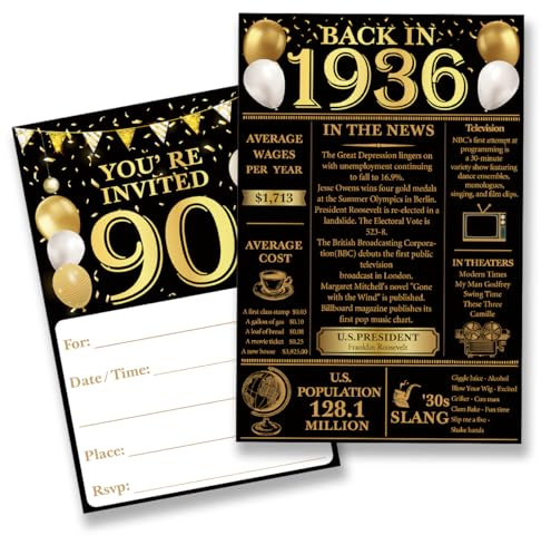 QZJ 90th Birthday Party Invitations for Women Men - Back in 1936 Invites 90 Year Old Party Invitations Set for Birthday Anniversary (20 Invites and Envelopes)