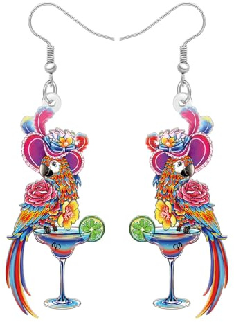 YAYAKO Boucles D'oreilles Acryliques Perroquet Rigolo Oiseau Tropical Plage Été Hawaï Bijoux Pour Femmes Margarita Accessoires Vacances Fête Cadeaux (Rouge)