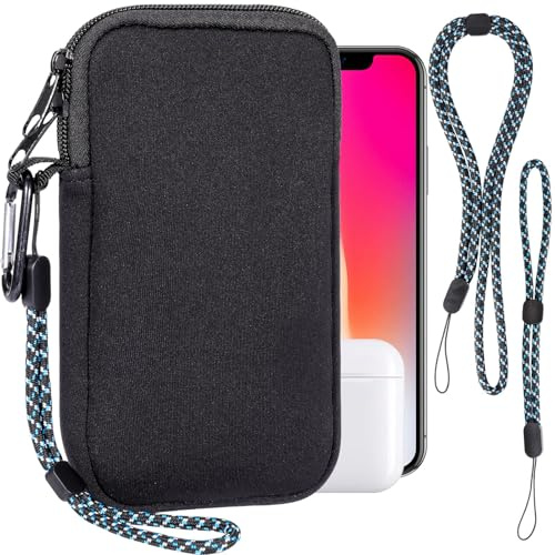 Pwsap Phone Sock, Universal Shock & Impact Resistant Neoprene Pouch with Carabiner and Lanyard Strap Sleeve Case for Hiking & Travelling Phone Bag Fits Phones up to 7 Inches, Black, L