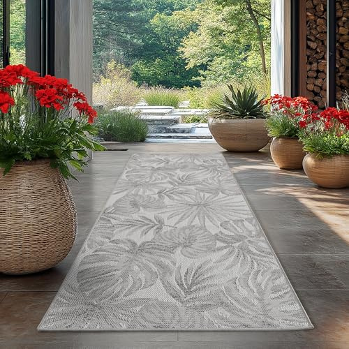 HomebyHome Outdoor Teppich Grau 80x250 cm Läufer, Wetterfest & UV-beständig, ideal für Küche, Balkon, Terrasse auch Wohnzimmer und Esszimmer, Palmblätter-Design