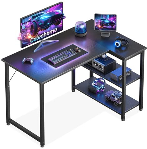 Coleshome Escritorio Gaming, 100x70cm Escritorio Esquinero con Estante de Almacenamiento Reversible, Mesa Escritorios Que Ahorra Espacio, Adecuado para Escritorios de PC en Rincones Familiares, Negro