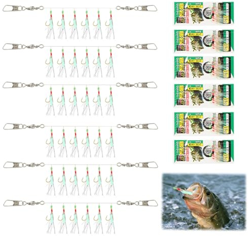 Set di 6 esche da pesca in mare pre-legate con perline luminose e insetti bionici per sgombro, merluzzo, merluzzo, aringa, spigola, include moschettone girevole per un facile utilizzo
