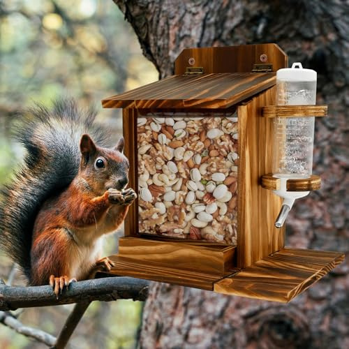 Casa de alimentación de ardilla,Alimentación de mesa de picnic de ardilla de madera con botella de agua y ventana,22,5×17,7×25 cm,Caja duradera para cacahuetes de maíz,mazorcas de maíz y nueces