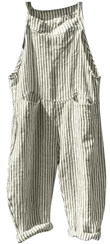 Combinaison pour femme en lin rayé - Combinaison d'été décontractée - Coupe ample - Sangle réglable - Sans manches - Pantalon sarouel à jambes larges