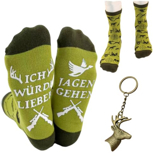 ZORVYN Regalos Originales para Cazadores con Calcetines Graciosos Hombre y Llavero de Ciervo, una Idea Original de Regalo para la Caza para Papá y Abuelo