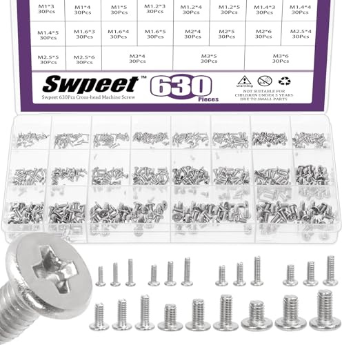 Swpeet 630Pcs 21 dimensioni M1 M1.2 M1.4 M1.6 M2 M2.5 M3 304 in acciaio inossidabile Phillips macchina a testa piatta vite Kit assortimento, piccole vite rotonde a testa trasversale, piccola