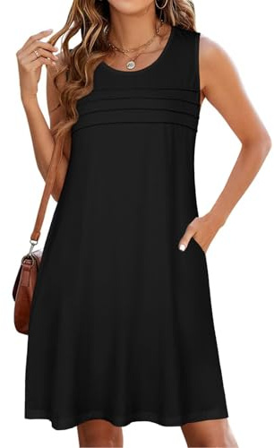 florynova Womens Summer Dresses Casual Sleeveless Beach Dress Front Pleated Tank Sundress with Pockets(Black,S)