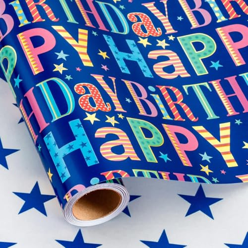Wikadlik Birthday Wrapping Paper Roll - 43cm x 10m Colorful Happy Birthday Lettering and Star Blue Gift Wrap Paper
