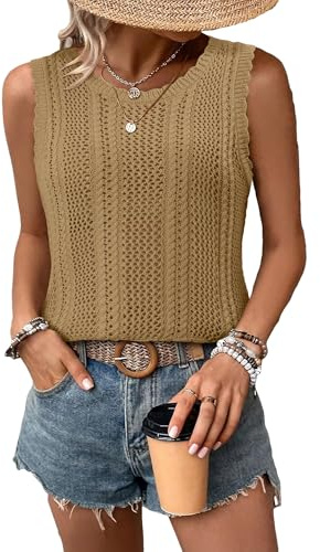 Magritta Women's Cute Crop Top Vest Summer Fashion Shirts Cover-Up Bikini Swimsuit Crochet Knit Sweater Plus Size Tank Top Ladies Sleeveless Jumpers Khaki, 16-18