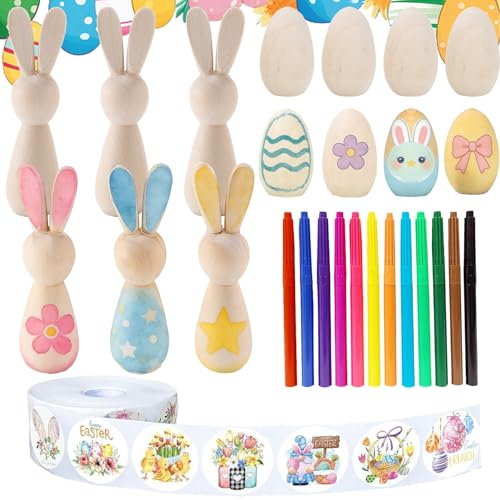 WENAUANG Bricolage Pasqua Bambini, Set da 12 Uova di Pasqua in Legno + 6 Conigli di Pasqua in Legno + 500 Adesivi Coniglio di Pasqua + 12 Pastelli Acquarellabili per Uova di Pasqua, Regalo Pasqua