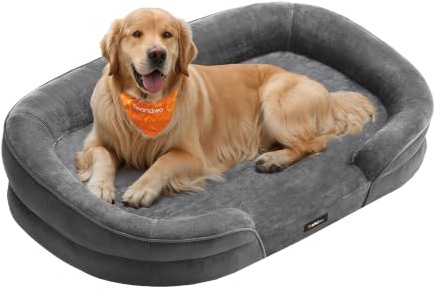 Feandrea Ortopedisk Hundbädd, Tvättbar Hundsoffa, 106 x 76 x 18 cm | Flanell och Sammet, Tryckavlastande Skum för Leder, Mjuk, Andningsbar, Blygrå, BLOMFY Kollektion PGW283GN01