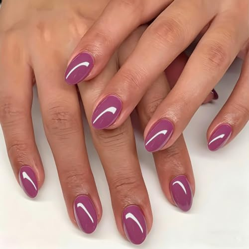 SXVME Berry Purple Press on Nails Short Almond, 32 Pcs 16 Sizes Short False Nails Press ons, Natural Fit, Glossy Opaque Gel Fake Nails Press ons, Reusable Thick Short Nail for Women Daily Looks