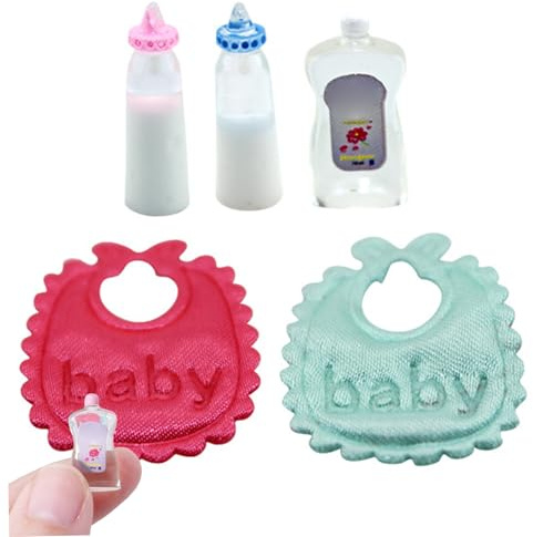 Takingup Baby Doll Bibs, 1 Set Mini Baby Doll Accessories Bottles Bibs Mini Shampoo, 1:12 Scale Realistic Dollhouse Accessories for Dollhouse Nursery