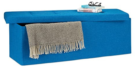 Relaxdays Faltbare Sitzbank XXL, Sitzcube mit Stauraum, Sitzwürfel aus Leinen, mit Deckel, HBT 38 x 114 x 38 cm, blau