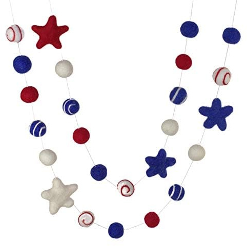 Handmade by Matthew and Mae- Fourth of July Garland- 1 Felt Balls, 2 Stars- Memorial Day Decor, American Flag USA Mantle Banner, Party Decoration (Swirls- Red/Royal Blue/White)