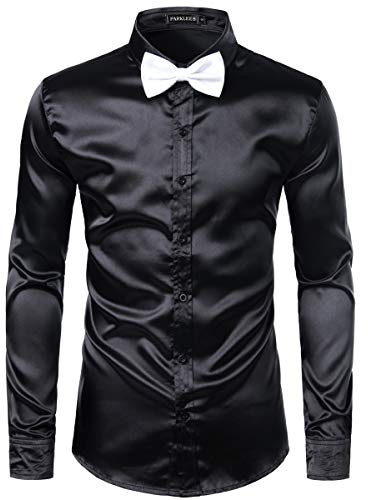 PARKLEES Camicia da uomo lucida slim fit in satin a maniche lunghe per il tempo libero e business, ideale per la sera e il nightclub, Nero , M