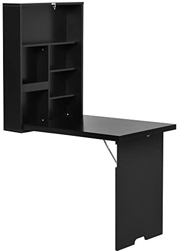 HOMCOM Folding Wall-Mounted Drop-Leaf Table, Convertible Wall Table With Chalkboard and Storage Shelf, Multifunctional Floating Desk for Home Office, Black
