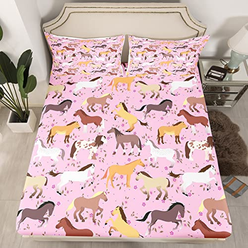 Lenzuola da letto per cavalli per ragazze, varie lenzuola per cavalli, per bambini, ragazzi, ragazzi, ragazzi, rosa, floreale, animale da fattoria, 2 pezzi, taglia singola