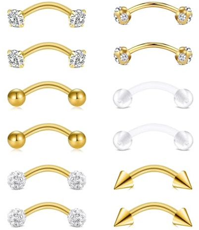 AceFun Curved Barbell 1.2MM 16G 8MM Piercing Rook Boucles d'oreilles pour femmes hommes Helix Daith Tragus Oreille Piercing Nez Lèvre Sourcils Ventre Anneaux Septum Labret Piercing Or 8 paires d'or