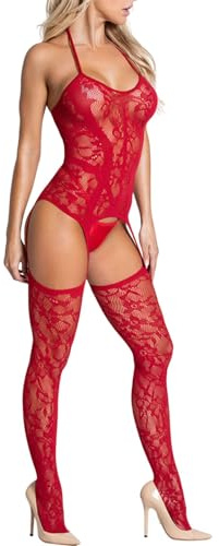 Yutdeng Lencería para Mujer con Ligueros Medias Halter Encaje Transparente con Tanga Ropa Interior Body Fiesta Babydoll Ligas Ropa de Dormir Lingerie, Rojo