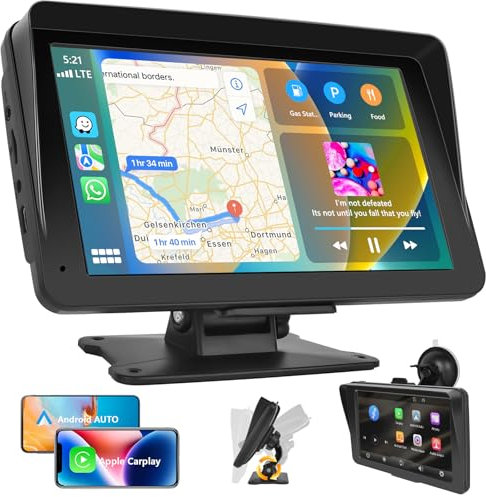 Podofo Kabelloses Apple Carplay & Android Auto，7 Zoll Tragbares Autoradio mit IPS Touch Screen Bluetooth-Freisprechfunktion, Spiegelverbindung, GPS Navigation/FM/TF/USB/AUX/Siri/Goog-le/Airplay