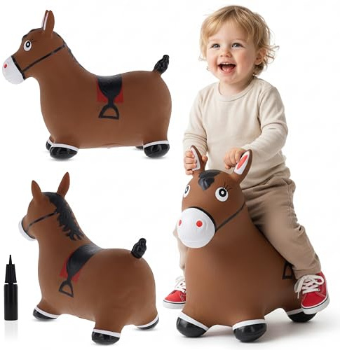 sun baby Hüpftiere ab 1 Jahr mit Pumpe aufblasbares Hüpfspielzeug aus Hochwertigem und Strapazierfähigem Gummi, Verschiedene Designs (Brauner Hengst)