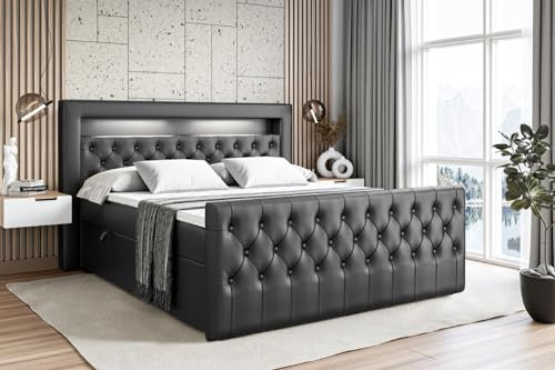 ALTDECOR Boxspringbett mit Matratze und Lattenrost, LED Boxbett, Topper, Fußteil, Polsterbett mit Bettkasten, Bett mit Stauraum H4-Matratze, Doppelbett - Aurora - 140x200 Schwarz Kunstleder