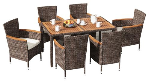 LIFEZEAL 7-teiliges Polyrattan Gartenmöbel-Set, Akazienholz Gartengarnitur mit Esstisch & 6 Rattanstühlen, Balkonmöbel Set mit abnehmbaren Kissen, Essgruppe für Garten, Balkon, Terasse