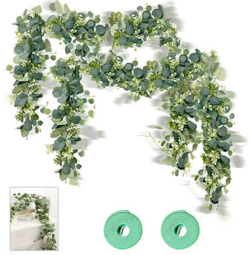 2 Piezas Guirnaldas Artificiales de Eucalipto con Hojas, Eucalipto Artificial Guirnalda Flores, Guirnalda de Eucalipto Artificial para Bodas, Fiestas, Mesas de Comedor, Repisas, Escaleras