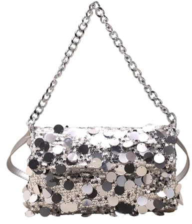 Rockreyoa Borsa a tracolla da donna con paillettes luccicanti da sera, borsa a tracolla, borsa a tracolla con nappa, pochette da sera, per feste, matrimoni, balli, tempo libero, appuntamenti, argento