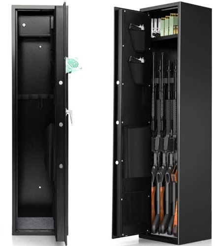 Cabinet de Fusil à 5 ​​canons, 57 ’’ / 145 cm de Long Armoire de Rangement de Fusil avec Clavier numérique, 2 clés d’Urgence, Empreintes digitales biométriques, Poches de lockbox de munitions