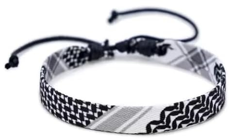 Keffiyeh - Pulsera tejida a mano, diseño tradicional en blanco y negro, ajuste ajustable para hombres y mujeres