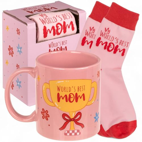 MIJOMA Presentset World's Best Mom – mugg och strumpor för mamma – mugg av stengods 320 ml & bomullsstrumpor storlek 36–42 – mors dag och födelsedag