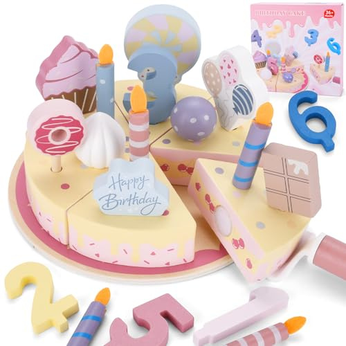 BBWELL Juguete de Madera para Tarta de Cumpleaños,Tarta Madera para Cumpleaños,Pastel de Cumpleaños de Simulación,Juego de Comida DIY Juego de Simulación con Velas para Niños y Niña