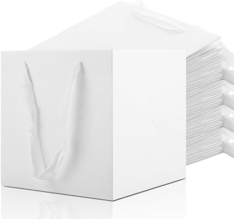LOLYSIC 20 Pcs White Paper Bags - 20x20x20cm Recycled Kraft Paper Bags with Handles, Retail Shopping Carrier Square Paper Gift Bags for Christmas Birthday Wedding Party Favours Flower Presents