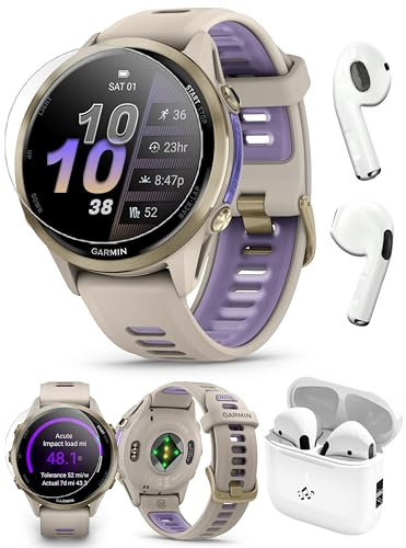 Garmin Forerunner 970 (Soft Gold French Gray/Translucent Indigo) Premium GPS Running & Triathlon Smartwatch - Bundle with PlayBetter Wireless Earbuds & HD Screen Protectors
