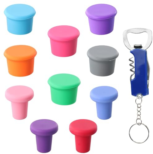 Ziyonix 10 Tappi per Vino in Silicone con un Apribottiglie, Tappi per Bottiglie di Vetro, Universali, Colorati, Reusable, Sigillati per Birra, Succhi e Bottiglie di Vetro