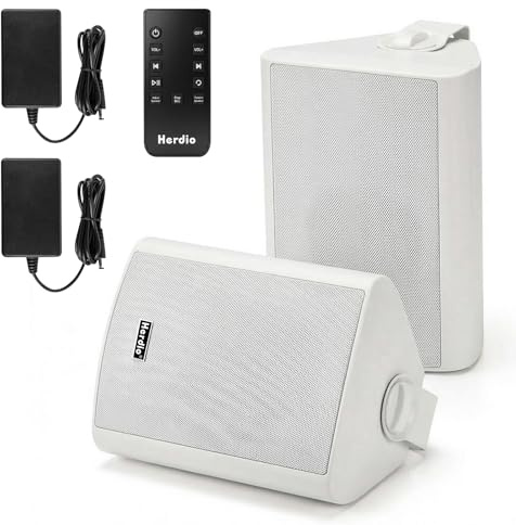 Herdio 5,25 tum 300 W max power wall mount utomhus Bluetooth-högtalare, var vattentät och lätt att trådlös multianslutning upp till 20 enheter för uteplats/porch/balkong (hatt, 2-pack)