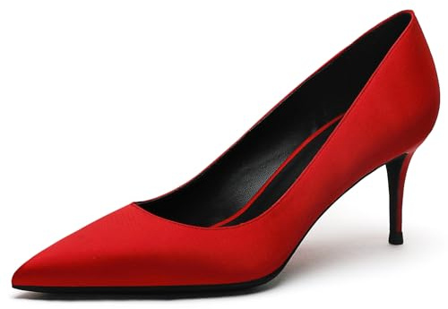 Décolleté Tacco a Spillo Donna Slip-on Satin Punta Affusolata Scarpe Eleganti per Ufficio e Serata,Big Red,33 EU