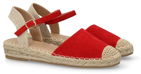 Espadrille Sandale Femme à Bout Ouvert, Talon compensé léger en Jute et Semelle en Jute. Imprimé uni. Fermeture à Boucle et Bout fermé. Idéale pour Le Printemps et l'été. Rouge Talla 38