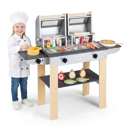 Fantask Barngrill-leksaker, grillgrill med grillbestick och lekmat, lekkök med 2 grillar och gångjärnslock, utomhuskök för barn från 3 år