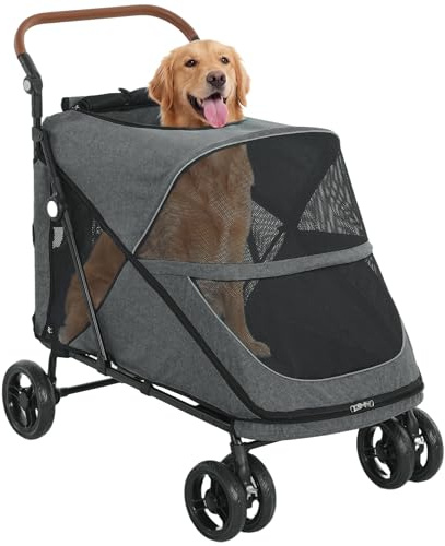 PawHut Passeggino pieghevole per cani di grossa taglia media fino a 30 kg, con ruote girevoli a 360°, cuscino regolabile, carrello per gatti con guinzaglio di sicurezza, doppio freno grigio