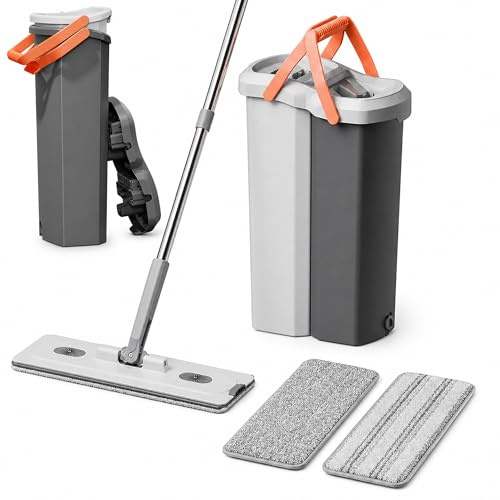 DOMIPODS - Mopa Fregona con Cubo Escurridor Doble, Sistema Separado de Agua Limpia y Sucia, Cubos Desmontables, 2 Mopas Microfibra, Fregona Plana para Todo Tipo de Suelos