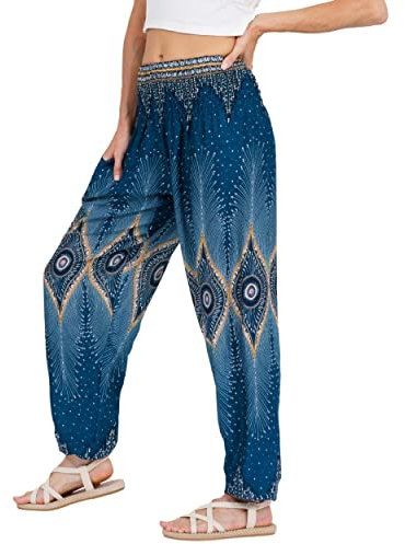 Lofbaz Damen Haremshose Yogahose Pumphose Hippie Hose Boho Kleidung Festival Outfit Sommerhose Leicht Sommer Hosen - Floral 2 Teal Grün S