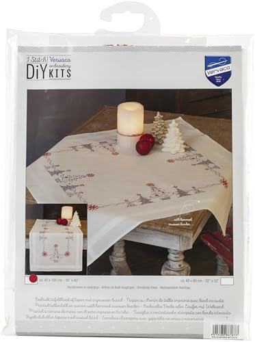 Vervaco Stickpackung Kreuzstich Set Vorgedruckt Tischläufer Weihnachtlich Rot/Grau Stickdecken Vorgezeichnet DIY Basteln Kreativ Stickläufer zum Selbersticken 40 x 100 cm Stickset