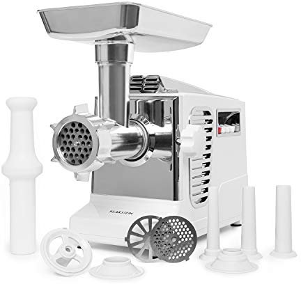 Klarstein Kraftprotz - elektrischer Fleischwolf, Leistung: 700 Watt, Blockierleistung: 1800 Watt, Kupfermotor, 2 Geschwindigkeiten & Rücklauf, Aluminium-Schale, Edelstahlmesser, weiß/Silber