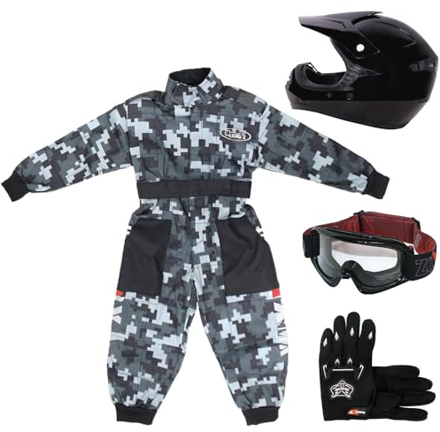 Zorax Black CAMO S(5-6 Years) Kids Suit & Gloves S(5cm) & Goggles & ZOR-X15 Black S (49-50cm) Kids Motocross Motorbike Helmet Motorcycle Helmet ECE Aproved